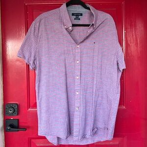 Tommy Hilfiger Striped XL Red Blue Casual Button Up Short Sleeve Office Attire